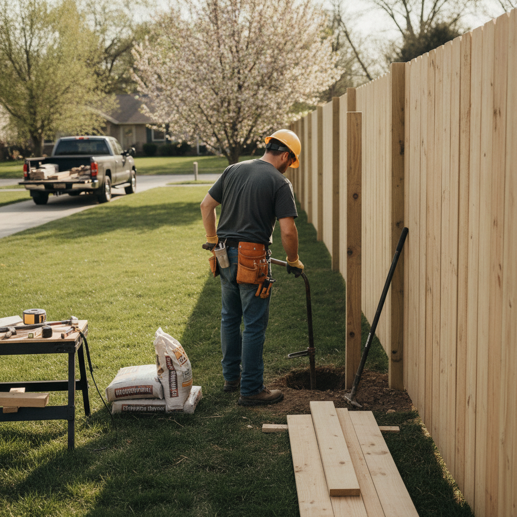 Create a realistic, professional service-business photograph showing Fence Installation from behind, with the backs of their heads visible. Do not show any faces, facial features, front-facing views or side views, profiles, or identifiable