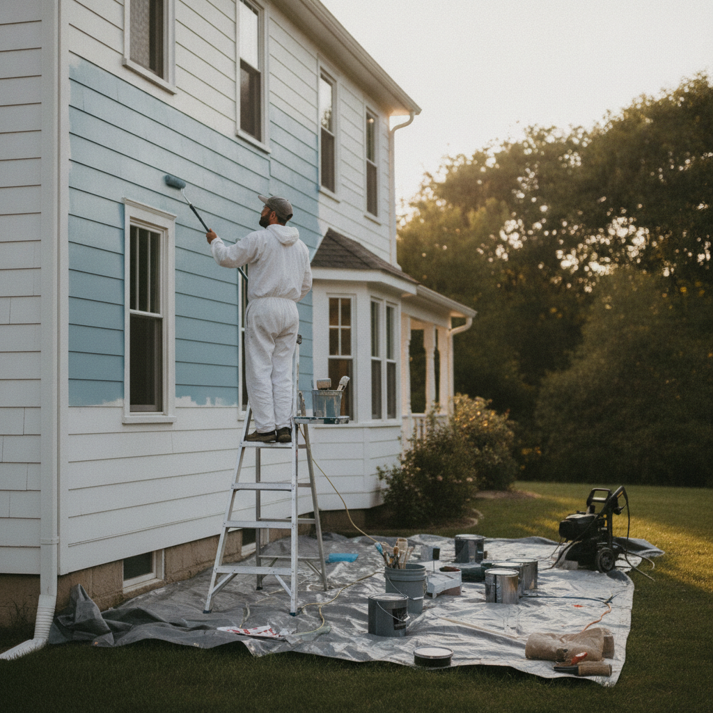 Create a realistic, professional service-business photograph showing Exterior Painting from behind, with the backs of their heads visible. Do not show any faces, facial features, front-facing views or side views, profiles, or identifiable p