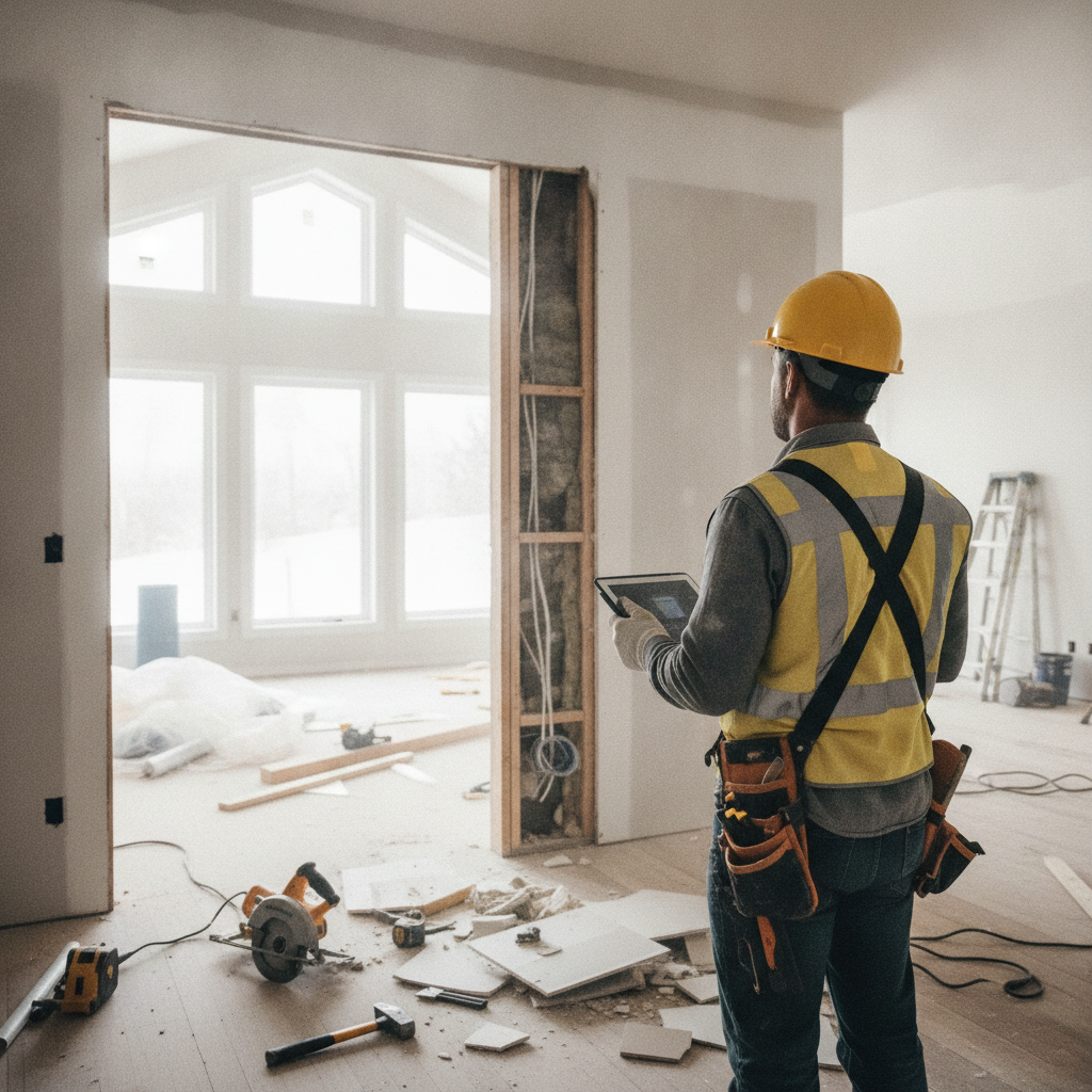 Create a realistic, professional service-business photograph showing Residential Remodeling from behind, with the backs of their heads visible. Do not show any faces, facial features, front-facing views or side views, profiles, or identifia