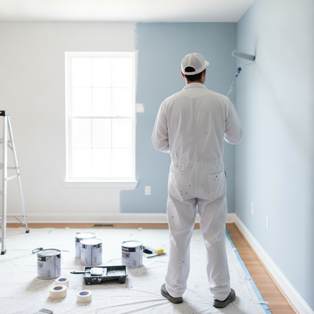 Create a realistic, professional service-business photograph showing Interior Painting from behind, with the backs of their heads visible. Do not show any faces, facial features, front-facing views or side views, profiles, or identifiable p