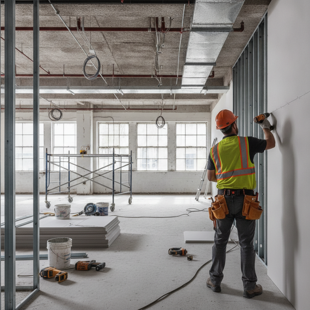 Create a realistic, professional service-business photograph showing Commercial Remodeling from behind, with the backs of their heads visible. Do not show any faces, facial features, front-facing views or side views, profiles, or identifiab