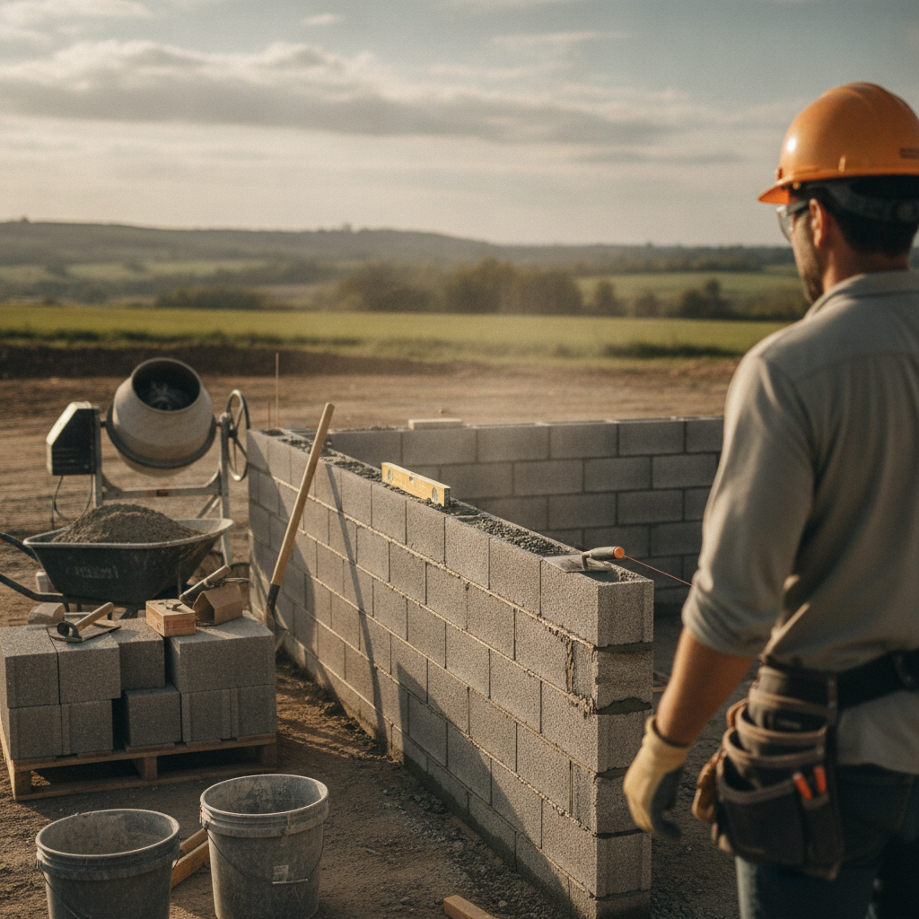 Create a realistic, professional service-business photograph showing Block Wall Construction from behind, with the backs of their heads visible. Do not show any faces, facial features, front-facing views or side views, profiles, or identifi